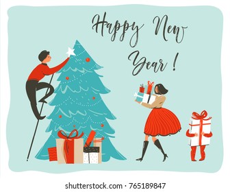 Hand drawn vector abstract fun Merry Christmas time cartoon card poster template with cute illustrations of family people,xmas tree and surprise gift boxes isolated on white background.