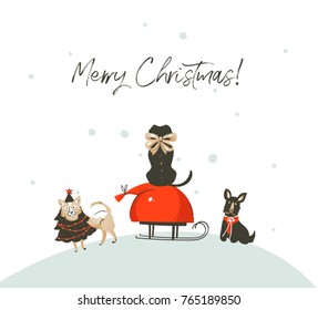 Hand drawn vector abstract fun cartoon Merry Christmas time illustration greeting card with mammal dogs outdoor on sleigh and modern typography Merry Christmas isolated on white background.