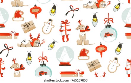 Dibujo manual vectorial divertido caricatura clásico de la época navideña ilustraciones de la decoración elementos de un patrón sin fisuras con cajas de regalo sorpresa, perro, niños y bola de nieve aislados en fondo blanco.