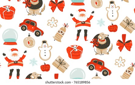Hand drawn vector abstract fun cartoon classic Merry Christmas time illustrations decoration seamless pattern with surprise gift boxes,dog,Santa Claus and snow ball isolated on white background