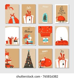 Hand drawn vector abstract fun Merry Christmas time cartoon cards collection set with cute illustrations,surprise gift boxes ,Christmas tree and modern calligraphy isolated on craft paper background.