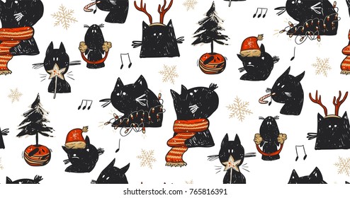 Hand drawn vector abstract fun Merry Christmas time cartoon rustic festive seamless pattern with cute illustrations of holiday black cats and xmas tree isolated on white background.