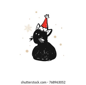 Hand drawn vector abstract fun Merry Christmas time cartoon doodle rustic festive illustration icon with cute holiday black cat in Santa Claus hat isolated on white background.