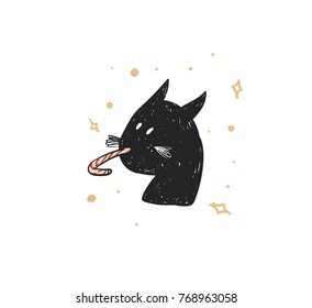 Hand drawn vector abstract fun Merry Christmas time cartoon doodle rustic festive illustration icon with cute holiday black cat with candy cane isolated on white background.