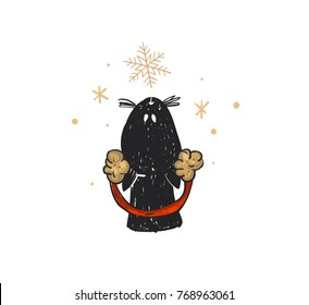 Hand drawn vector abstract fun Merry Christmas time cartoon doodle rustic festive illustration icon with cute holiday black cat isolated on white background.