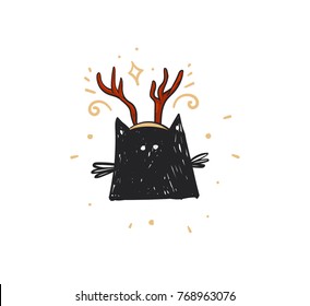 Hand drawn vector abstract fun Merry Christmas time cartoon doodle rustic festive illustration with cute holiday black cat and isolated on white background.