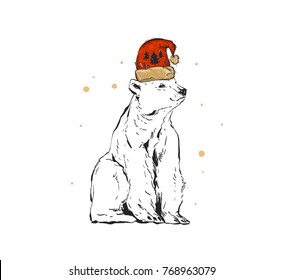 Hand drawn vector abstract fun cartoon Merry Christmas time ink shabby drawing illustration design element with polar bear in Santa Claus hat isolated on white background.