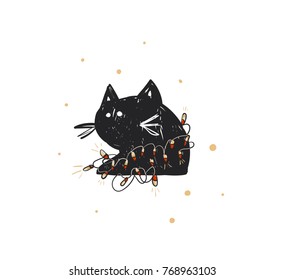 Hand drawn vector abstract fun Merry Christmas time cartoon doodle rustic festive illustration icon with cute holiday black cat with lights garland isolated on white background.