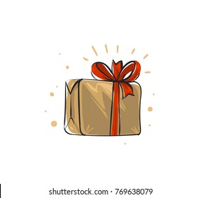 Hand drawn vector abstract fun Merry Christmas time cartoon doodle rustic festive illustration icon with cute holiday Santa Claus surprise gift box with red bow isolated on white background.