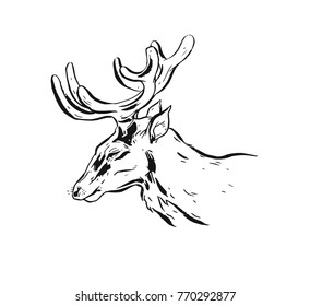 Hand drawn vector abstract fun cartoon Merry Christmas time ink shabby drawing illustration design element with scandinavian deer sketch isolated on white background.
