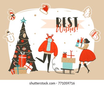 Hand drawn vector abstract fun Merry Christmas time cartoon illustration greeting card with group of people ,surprise gift boxes,Christmas tree and xmas calligraphy isolated on craft background.