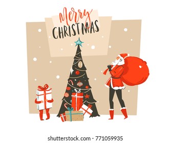 Hand drawn vector abstract fun Merry Christmas time cartoon illustration greeting card with Santa Claus dad and son,surprise gift boxes,Christmas tree and typography isolated on craft background.