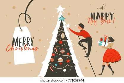 Hand drawn vector abstract fun Merry Christmas time cartoon header illustration greeting card with family,surprise gift boxes,Christmas tree and xmas calligraphy isolated on craft background.