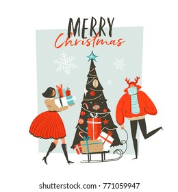 Hand drawn vector abstract fun Merry Christmas time cartoon illustration greeting card with group of people ,surprise gift boxes,Christmas tree and xmas calligraphy isolated on white background.