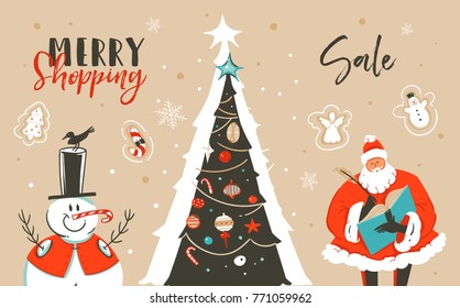 Hand drawn vector abstract fun Merry Christmas time cartoon illustration greeting card with Santa Claus,xmas tree,snowman and Merry Shopping Sale calligraphy isolated on craft background.