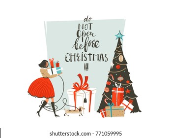 Hand drawn vector abstract fun Merry Christmas time cartoon illustration greeting card with girl,dog,surprise gift boxes,Christmas tree and modern handwritten calligraphy isolated on white background.