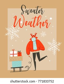 Hand drawn vector abstract fun Merry Christmas time cartoon illustration greeting card with people,surprise gift boxes on sleigh and xmas typography Sweater Weather isolated on craft background.