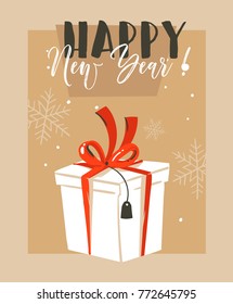 Hand drawn vector abstract fun Merry Christmas time cartoon illustration greeting card with big white surprise gift box and Happy New Year typography isolated on craft paper background.