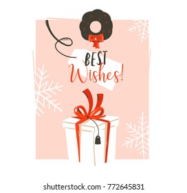 Hand drawn vector abstract fun Merry Christmas time cartoon retro vintage illustration greeting card with big white surprise gift box and Best Wishes typography isolated on pink pastel background.