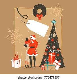 Hand drawn vector abstract fun Happy New Year time cartoon illustration with romantic couple who kissing and hugging,xmas wreath and typography isolated on brown background.