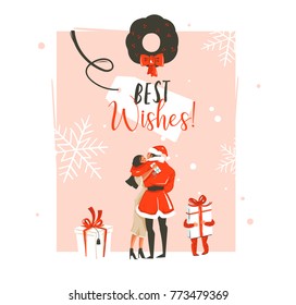 Hand drawn vector abstract fun Happy New Year time cartoon illustration with romantic couple who kissing and hugging,xmas wreath,little child with gift and typography isolated on pastel background.
