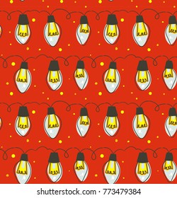 Hand drawn vector abstract fun Merry Christmas time cartoon rustic festive seamless pattern with cute illustrations of lights bulb garland isolated on red background.