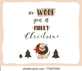 Hand drawn vector abstract fun Merry Christmas time cartoon illustrations poster with xmas dogs and modern handwritten calligraphy text We Woof you a Merry Christmas isolated on white background.