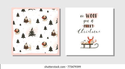 Hand drawn vector abstract fun Merry Christmas time cartoon cards collection set with cute illustrations,pug dog on sleigh and modern typography text isolated on white background.