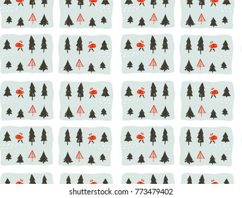 Hand drawn vector abstract fun Merry Christmas time cartoon illustrations seamless pattern with young little boy in Santa Clasus costume walkin in pine frozen forest isolated on white background.