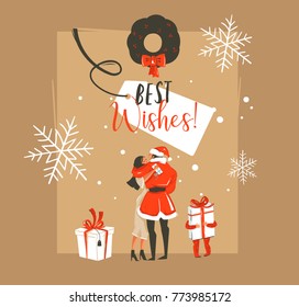 Hand drawn vector abstract fun Happy New Year time cartoon illustration with romantic couple who kissing and hugging,xmas wreath,little child with gift and typography isolated on brown background.