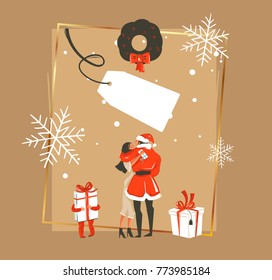 Hand drawn vector abstract fun Happy New Year time cartoon illustration with romantic couple who kissing and hugging,xmas wreath,little child with gift and white tag isolated on brown background.