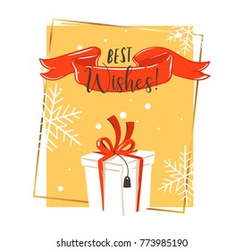 Hand drawn vector abstract fun Merry Christmas time cartoon retro vintage illustration greeting card with big white surprise gift box and Best Wishes typography isolated on white background.