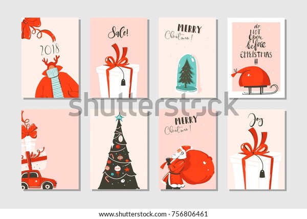Hand drawn vector abstract fun Merry\
Christmas time cartoon cards collection set with cute\
illustrations,surprise gift boxes,xmas tree and modern calligraphy\
in pastel colors\
isolated.\
