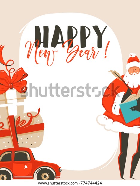 Hand drawn vector abstract fun Merry\
Christmas time cartoon illustration greeting card tag with Santa\
Claus,car,surprise gift boxes and Happy New Year typography\
isolated on white\
background.