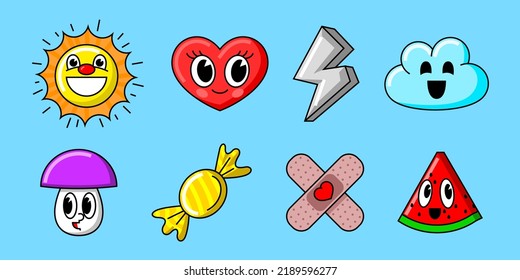 Hand drawn vector abstract funny cute trendy comic characters on blue background 