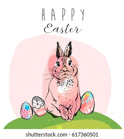 Hand drawn vector abstract  funny poster with  cute rabbit,Easter eggs and Happy Easter quote in pastel colors isolated on white background.