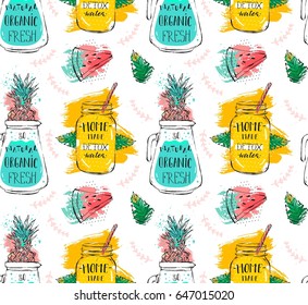 Hand drawn vector abstract funny summer time lemonade detox water seamless pattern with watermelon,brunches,pineapple and glass jar with cocktails isolated on white background.Menu,sign,logo,business