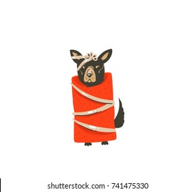 Hand drawn vector abstract funny Merry Christmas time cartoon icon illustration with mammal happy dog in red wrapping paper with bow isolated on white background.