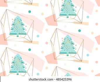 Hand drawn vector abstract geometric artistic christmas decoration seamless pattern illustration with christmas tree in gold terrarium in pastel,blue,gold,pink colors isolated on white background.