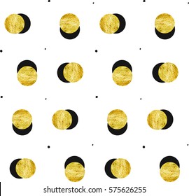 Hand drawn vector abstract gold full moon seamless pattern and black polka dots texture isolated on white background.Full moon and eclipse design concept.Hand made texture for fashion,fabric