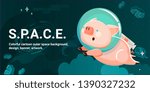 Hand drawn vector abstract graphic creative cartoon illustrations with cosmonaut pig that went out to explore the planets in the solar system. 