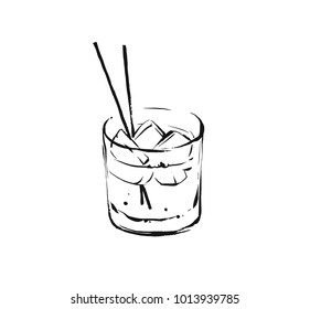 Hand drawn vector abstract graphic artistic cooking ink sketch illustration drawing of alcohol cocktail drink in glass isolated on white background.