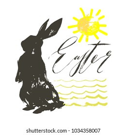 Hand drawn vector abstract graphic scandinavian collage Happy Easter cute simple bunny illustrations greeting card and handwritten modern calligraphy Easter isolated on white background.