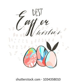 Hand drawn vector abstract graphic scandinavian collage Happy Easter cute simple bunny,eggs illustrations greeting card and handwritten calligraphy Best Easter wishes isolated on white background.