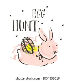 Hand drawn vector abstract graphic scandinavian collage Happy Easter cute simple bunny,eggs illustrations greeting card and handwritten calligraphy Egg hunt isolated on white background.