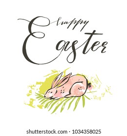 Hand drawn vector abstract graphic scandinavian collage Happy Easter cute simple bunny illustrations greeting card and handwritten modern calligraphy Happy Easter isolated on white background.