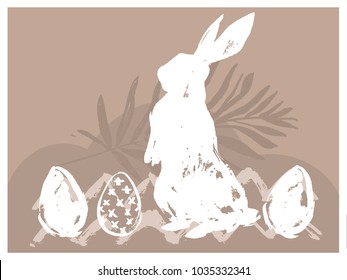 Hand drawn vector abstract graphic scandinavian collage Happy Easter cute simple bunny silhouette,Easter egg illustrations greeting card and copy space place for your text isolated on brown background