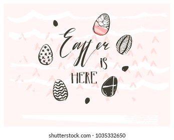 Hand drawn vector abstract graphic scandinavian collage Happy Easter cute simple eggs illustrations,textures greeting card and Easter is here handwritten calligraphy isolated on pink background.