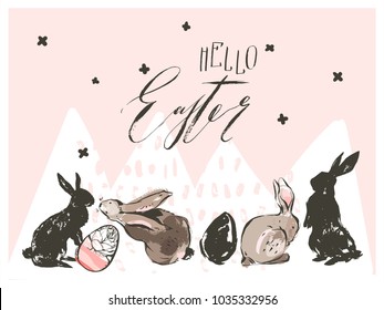 Hand drawn vector abstract graphic scandinavian collage Happy Easter cute simple bunny silhouette,eggs illustrations greeting card and Hello Easter handwritten calligraphy isolated on pink background.
