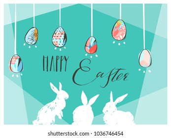 Hand drawn vector abstract graphic scandinavian collage Happy Easter cute simple bunny silhouette,eggs illustrations greeting card and Yappy Easter handwritten calligraphy isolated on blue background.